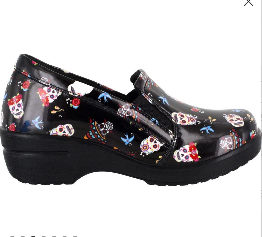 EASY WORKS by EASY STREET NWT Leeza  Laurie Festive Sugar Skulls Clogs 8.5 Black